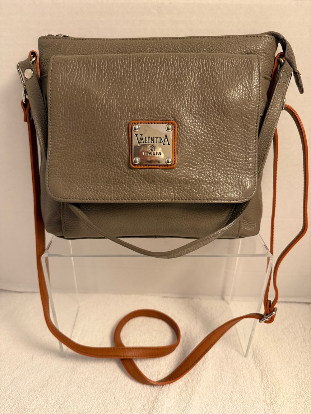 Valentina Italia Italian Pebble Leather Crossbody Shoulder Bag Taupe NWOT